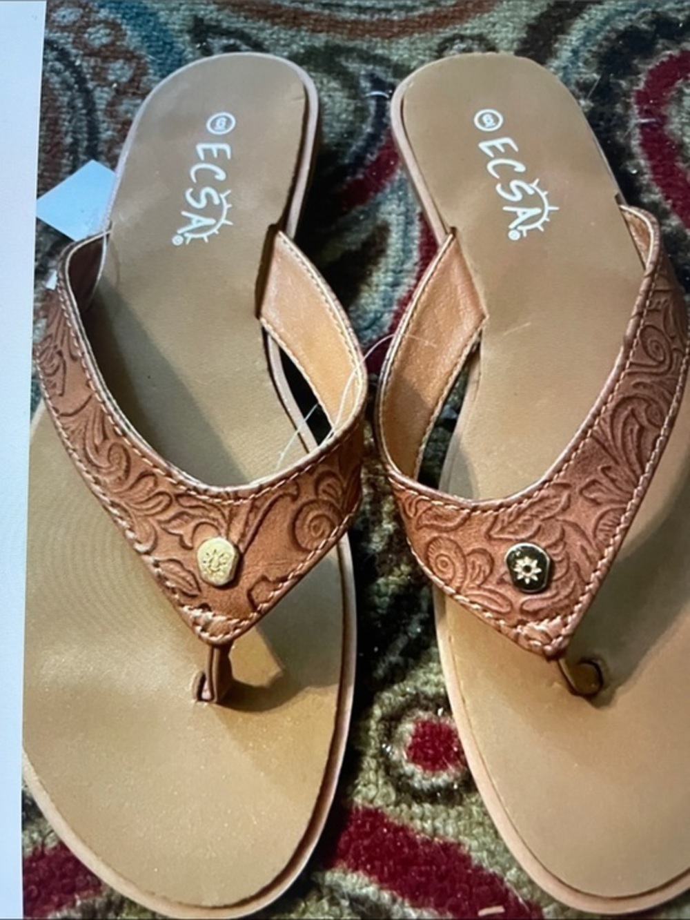 Women's Brown Embossed Thong Sandals. Gold Accents